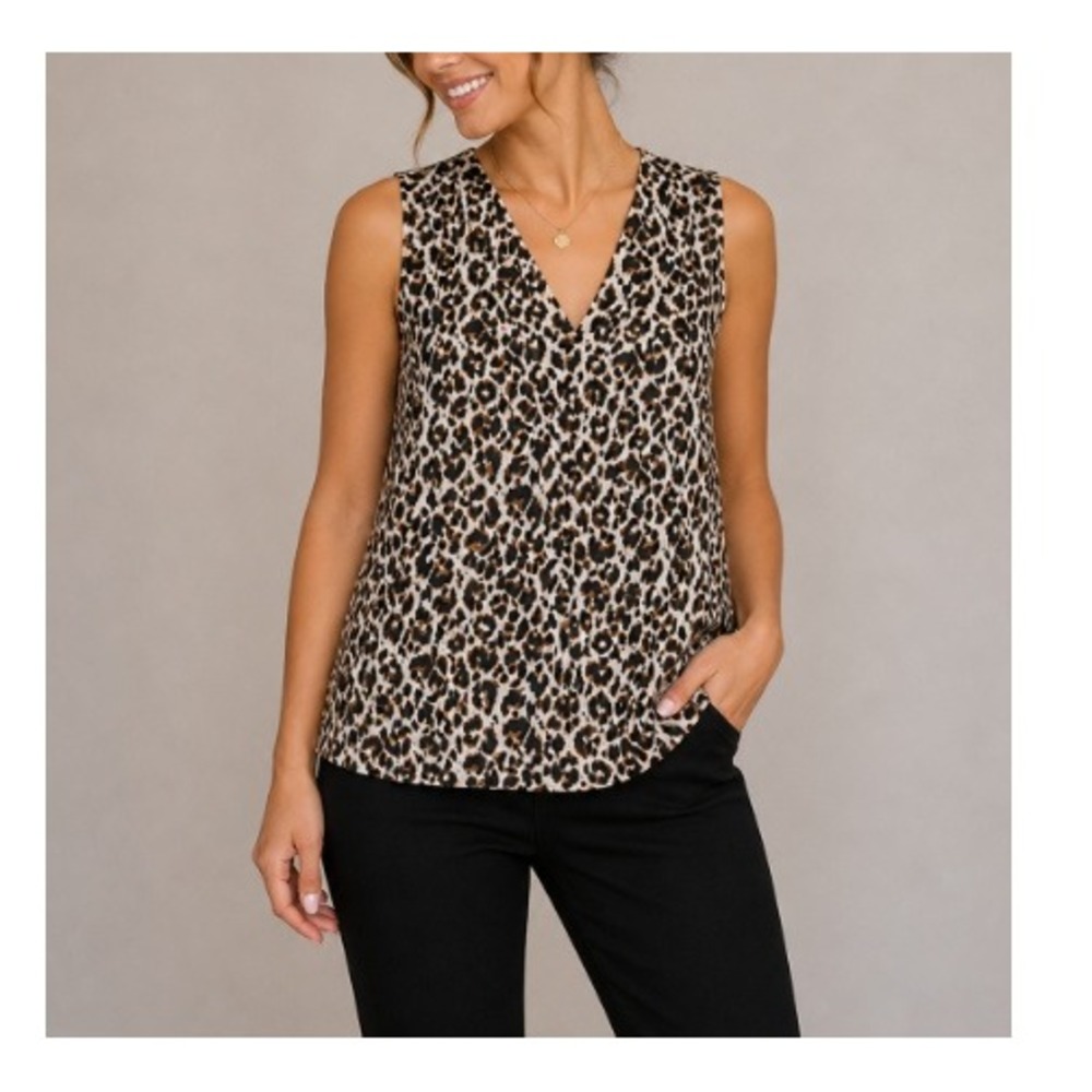 Quince Women's Leopard V-Neck Sleeveless Washable Stretch Silk Tank Size S NWT